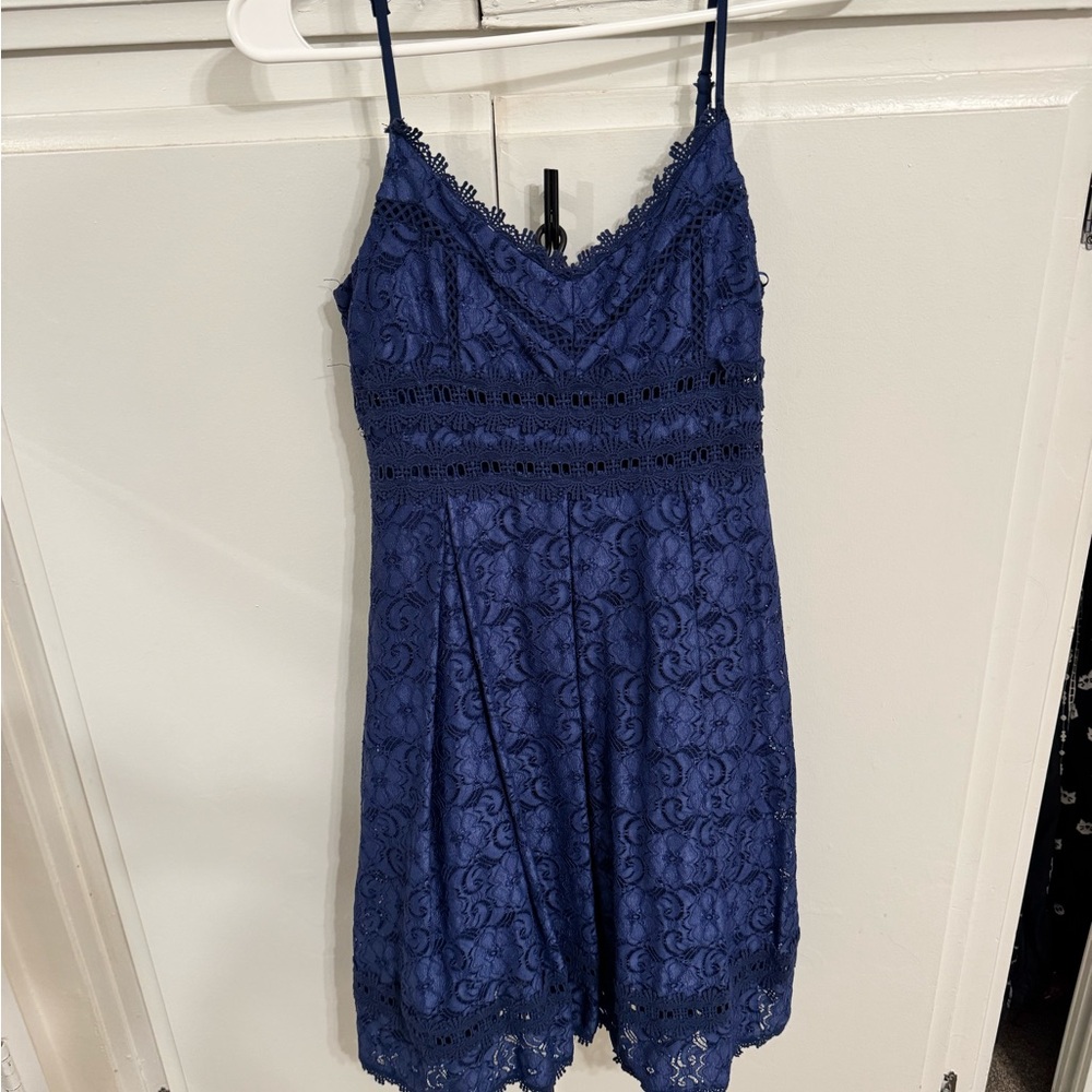 Lace Spaghetti Strap Dress - Navy Blue